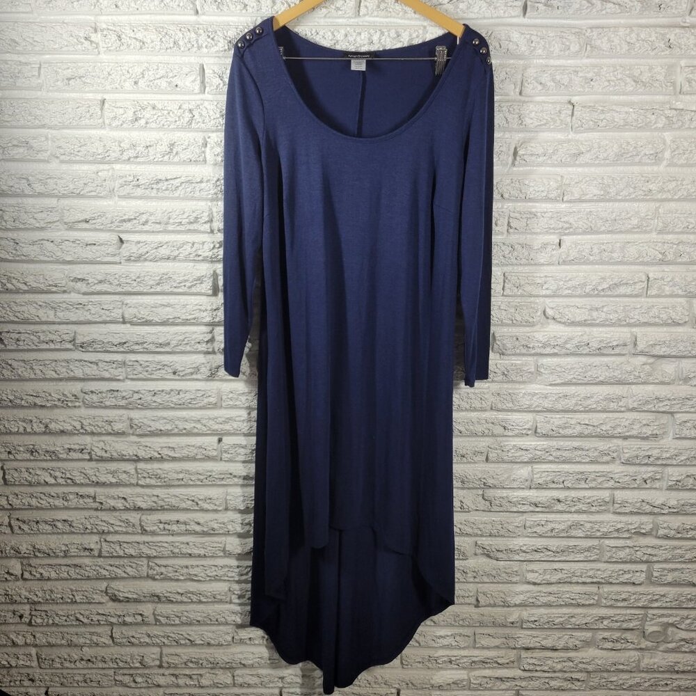 Ashley Stewart 1X Blue Shirt Dress Hi-Low Deco Button Long Sleeve Plus BLU96E